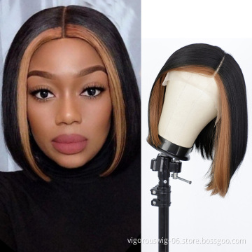 Short Bob Wigs with Brown Highlights Heat Resistant Synthetic Woman Straight T Lace Front Wigs Natural Looking Daily Wear